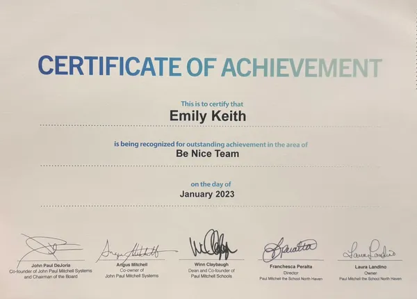 Paul Mitchell Be Nice Team certificate for Emily Keith